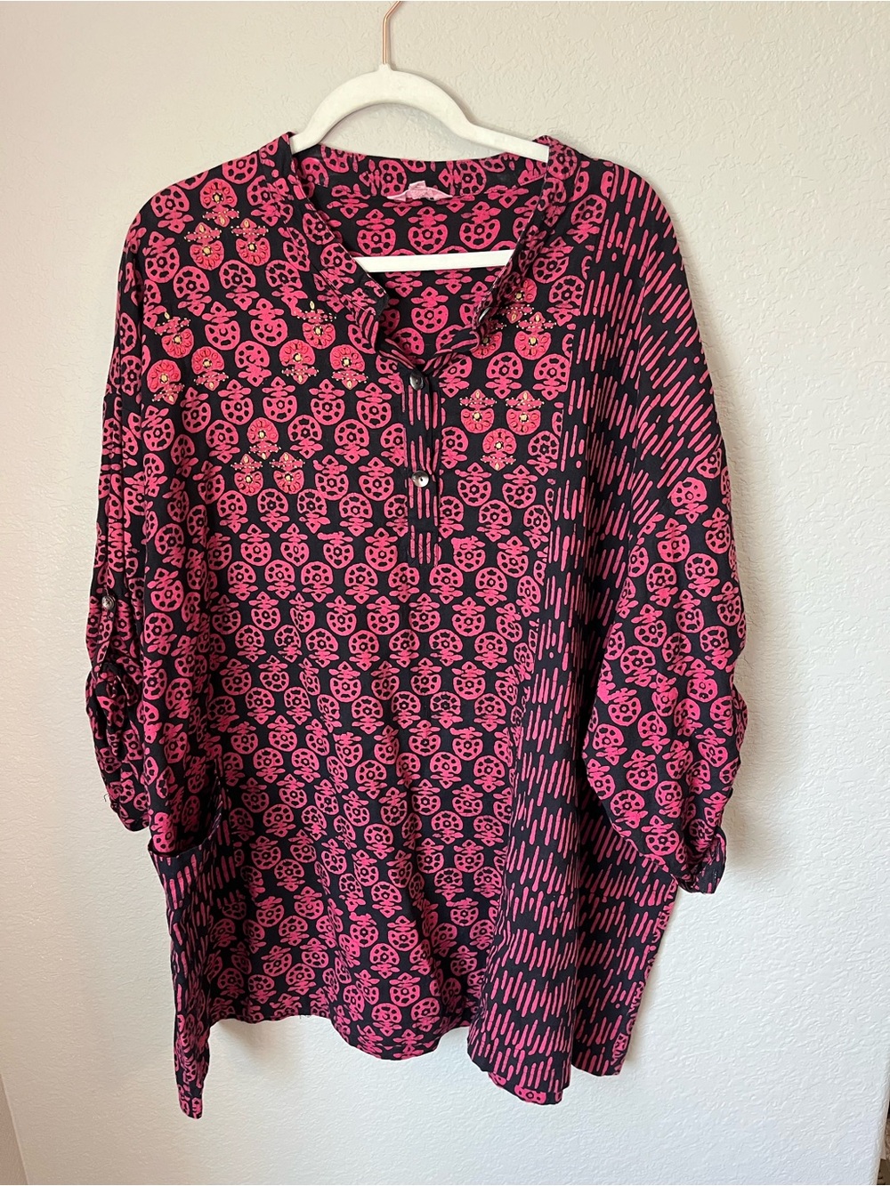MarketPlace Handwork India Tunic 22 Pink Black Cotton Boho Embroidered Resort